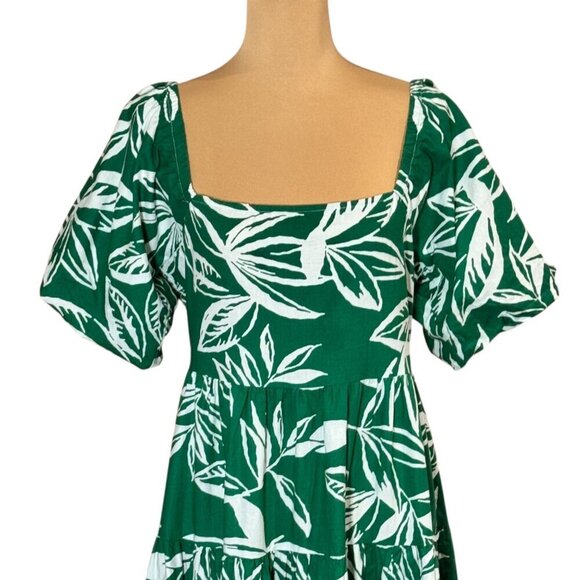 Meadow Rhodes Printed Tiered Midi Dress Sz.L Green Cotton Puff Sleeve Summer - Picture 2 of 15